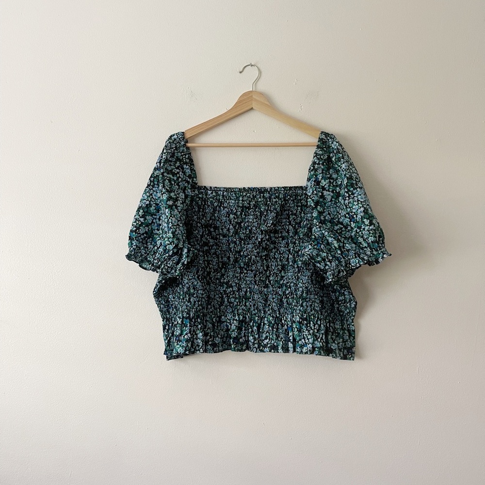 JCrew floral blue and Mack smocked top